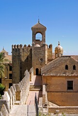 Castle walls at the Palace Fortress of the Christian Kings, Cordoba, Andalusia, Spain.