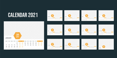 Calendar design for 2021.week starts on monday. set of 12 calendar pages with cover. horizontal version. vector design print template
