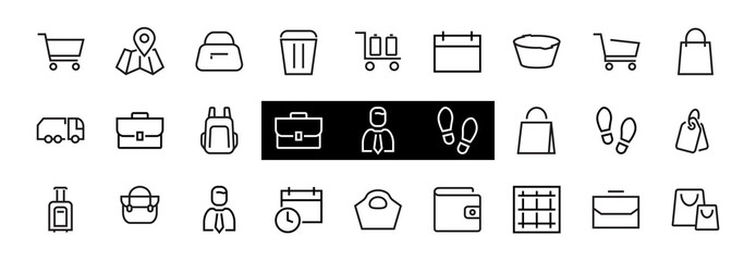 Simple set of bags, shopping and travel icons. Vector illustration Contains icons such as Card, wallet, shopping basket, discount, bowl, package. On a white background, editable stroke