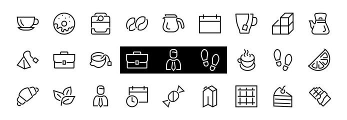 COFFEE and TEA LINEAR ICONS SET, contains Icons of tea, tea bag, Coffee machine, cake, sugar, teapot, cup, milk, cream, Lemon, chocolate bar, Editable stroke