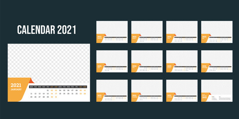 Calendar design for 2021.week starts on monday. set of 12 calendar pages with cover. horizontal version. vector design print template
