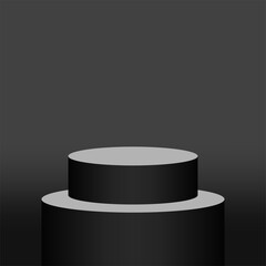 black pedestal cylinder circle one step for cosmetics showcase, 3d podium circle stage black grey color, platform 1 step for advertising copy space, podium round one layer for product display