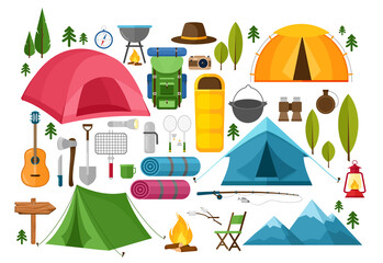 Vector set of camping equipment symbols, icons and elements. Summer hiking collection with tent, hat, binoculars, campfire, mountains, camera, bag, guitar, fishing rod, compass. - obrazy, fototapety, plakaty