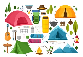 Foto op Plexiglas Vector set of camping equipment symbols, icons and elements. Summer hiking collection with tent, hat, binoculars, campfire, mountains, camera, bag, guitar, fishing rod, compass. © MaryDesy