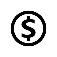 dollar currency icon isolated on white, coin dollar money black white for icon, dollar money symbol in circle coin shape, flat icon currency coin for button info graphics simple