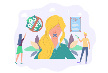 Prohibition of trafficking in persons. Clogged mouth in a woman. Sex human trafficking, human trafficking, criminal business concept. Colorful vector illustration.