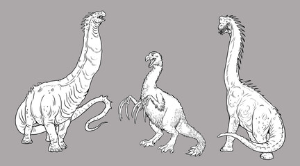 Set of 3 dinosaurs: Giraffatitan, Argentinosaurus and Therizinosaurus. Prehistoric dinosaur from jurassic period. © Lunstream
