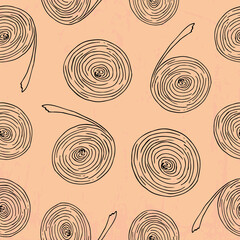 Funny toilet paper pattern on brown background. Hand drawn vector doodle circles seamless pattern seamless pattern. Repeat abstract design for textiles, banners, fabric or wrapping paper