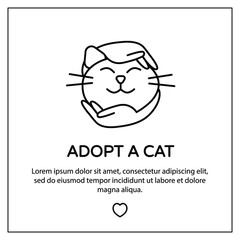 Vector illustration of cat care in black and white colors. Outline flyer for volunteer cat adoption.