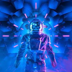 Journey toward infinity / 3D illustration of science fiction scene with mysterious astronaut figure in space suit surrounded by glowing neon lights © grandeduc