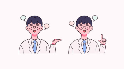 무언가에 대해 설명하는 의사 캐릭터 벡터