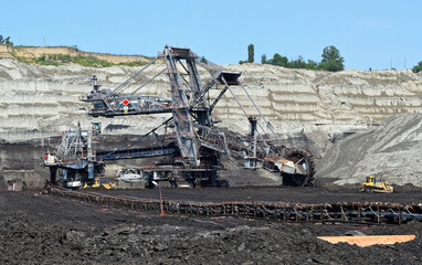 A huge bucket-wheel excavator on the open-pit mine.
