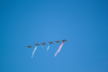 MOSCOW, RUSSIA - May 9, 2018 - Six attack planes Su-25 let out a