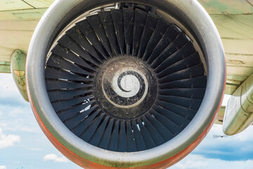 Closeup of an airplane turbine front view at Thailand.