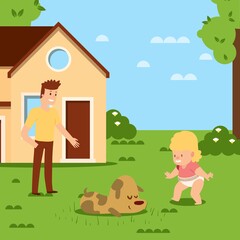 Walking baby first step in home clean yard vector illustration. Baby character in diaper get up to his feet near pet on green grass. Dad calmly watches his daughter walking outside.