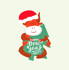Cute orange bull in Santa hat with evergreen christmas tree. Christmas and Symbol of Chinese New year 2021. Hand drawn illustration for greeting cards, posters. Web element. 