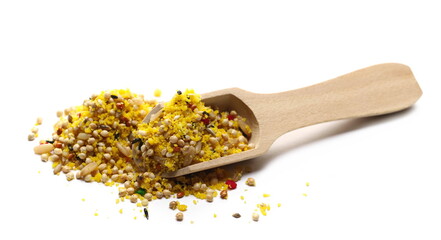 Mixed millet seeds with vitamins, minerals, bird food with dietary supplements and wooden spoon isolated on white background 