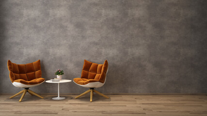 two seats armchair in loft livingroom with book and flower bucket on white table - 3D rendering