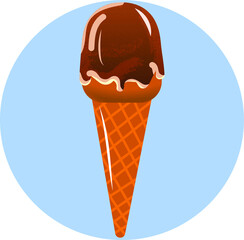 Very tasty ice cream. Waffle cone with ice cream, poured with chocolate icing. Delicious vector.
