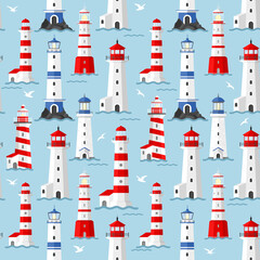 Obraz na płótnie Canvas Vector sea seamless pattern with lighthouse,seagulls and waves. Blue and white seamless set. Marine background for poster, invitations, textile, wedding, wallpaper and web design. Summer illustration.