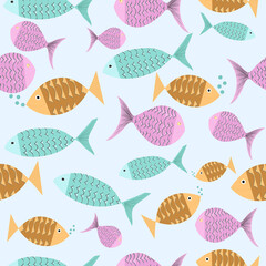 Vector watercolor group of fish under the sea pattern seamless on white background