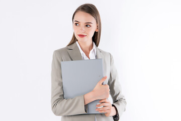 Working woman is holding her folder with smart outfit