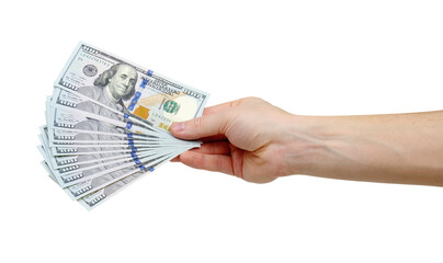 hand holding money isolate on white