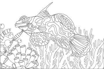 Fish exotic coloring. Antistress coloring page. Sea creatures. Ocean fish. Vector illustration
