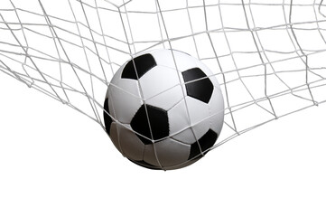 soccer ball in the net on a white