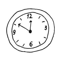 Cute hand drawn  white round clock in doodle style isolated on white background. Positive doodle icon, home element.Coloring page.
