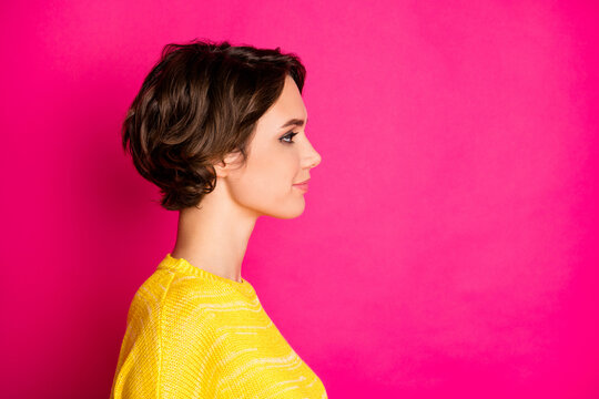 Close-up profile side view portrait of her she nice-looking attractive lovely pretty lovable cute girl isolated over bright vivid shine vibrant pink fuchsia color background