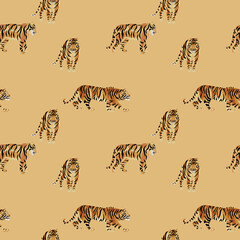 Abstract  seamless pattern with tigers on sand background. Vector illustration