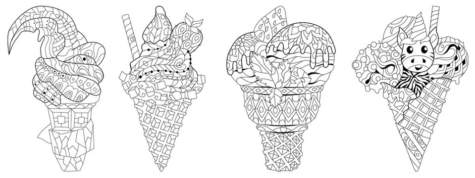 Set of hand drawn zentangle ice cream illustration for coloring