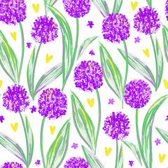 Digital hand drawn seamless pattern with bright decorative onion flowers on a white background