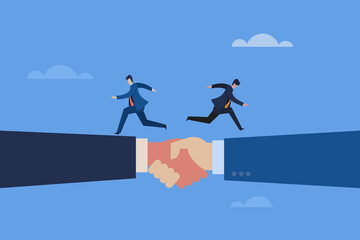 Conceptual illustration of two business executives moving fast on a shaking hands