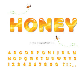 Honey glossy font. Sweet cartoon alphabet isolated on white. Vector