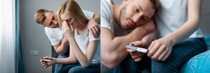 collage of sad man near frustrated girlfriend holding pregnancy test with negative result