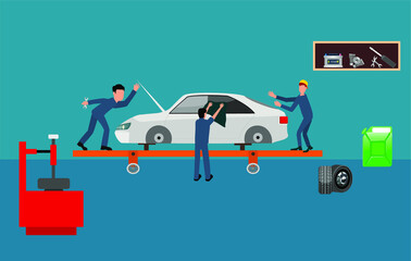 Image scenes with workers in car service, and car repair vector illustration