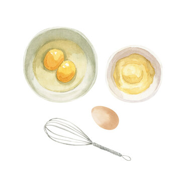 baking equipment illustration - eggs, cream or butter, whisk.