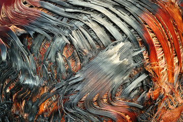 black and orange texture of a burnt palm trunk with a beautiful effect like the feathers of a...