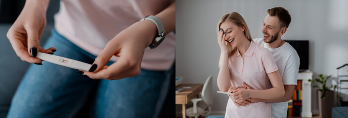 collage of girl holding pregnancy test with positive result near happy man