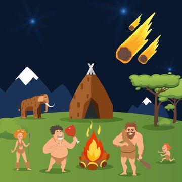 Cave Family, Asteroid Fall At House Primeval People Group Vector Illustration. Men, Woman And Child Near Natural Hot Bonfire, Fire For Life. Large Mammoth Stand Nearby Family House.