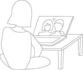 a girl from home communicates with her friends via video communication, an online meeting. Vector illustration.