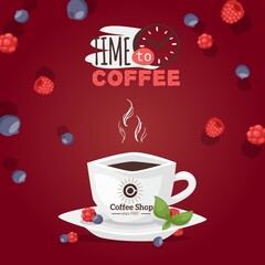 Time to coffee logo, cup aromatic drink vector illustration. Advertisement old coffee shop, cafe white mug cup on saucer. Steam from hot strong coffee drink, delicious berries on template flyer top.