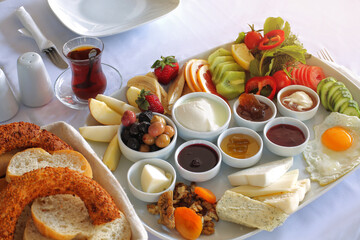 Healthy organic Turkish Mediterranean Breakfast with Turkish tea