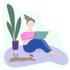 Young girl freelancer works at home in a cozy room. Sits on the floor, on his lap a laptop. His beloved cat is sleeping nearby. Vector illustration