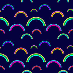 Hand-drawn watercolor illustration. Seamless pattern. Multicolored rainbow of different sizes on a dark blue background. Isolated.