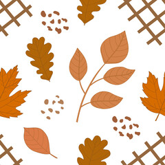 Obraz premium Seamless pattern of autumn leaves with abstract spots on white background vector illustration vector. 