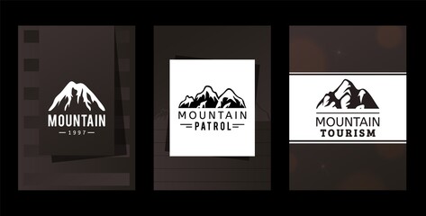 Logo mountains patrol and tourism, vector illustration. Company identification in tourist market, snowy mountain top image. Advertising agency with mountain expeditions, template print.