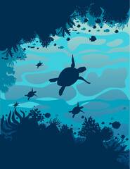 the underwater world of silhouette illustration of corals, fish, sea turtles vector